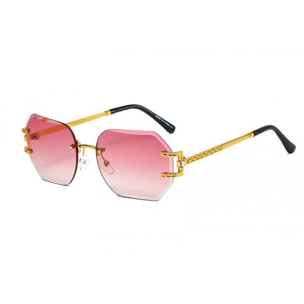 Mens Pink Gradient Rimless Geometric Sunglasses Gold Textured Metal Frame UV400